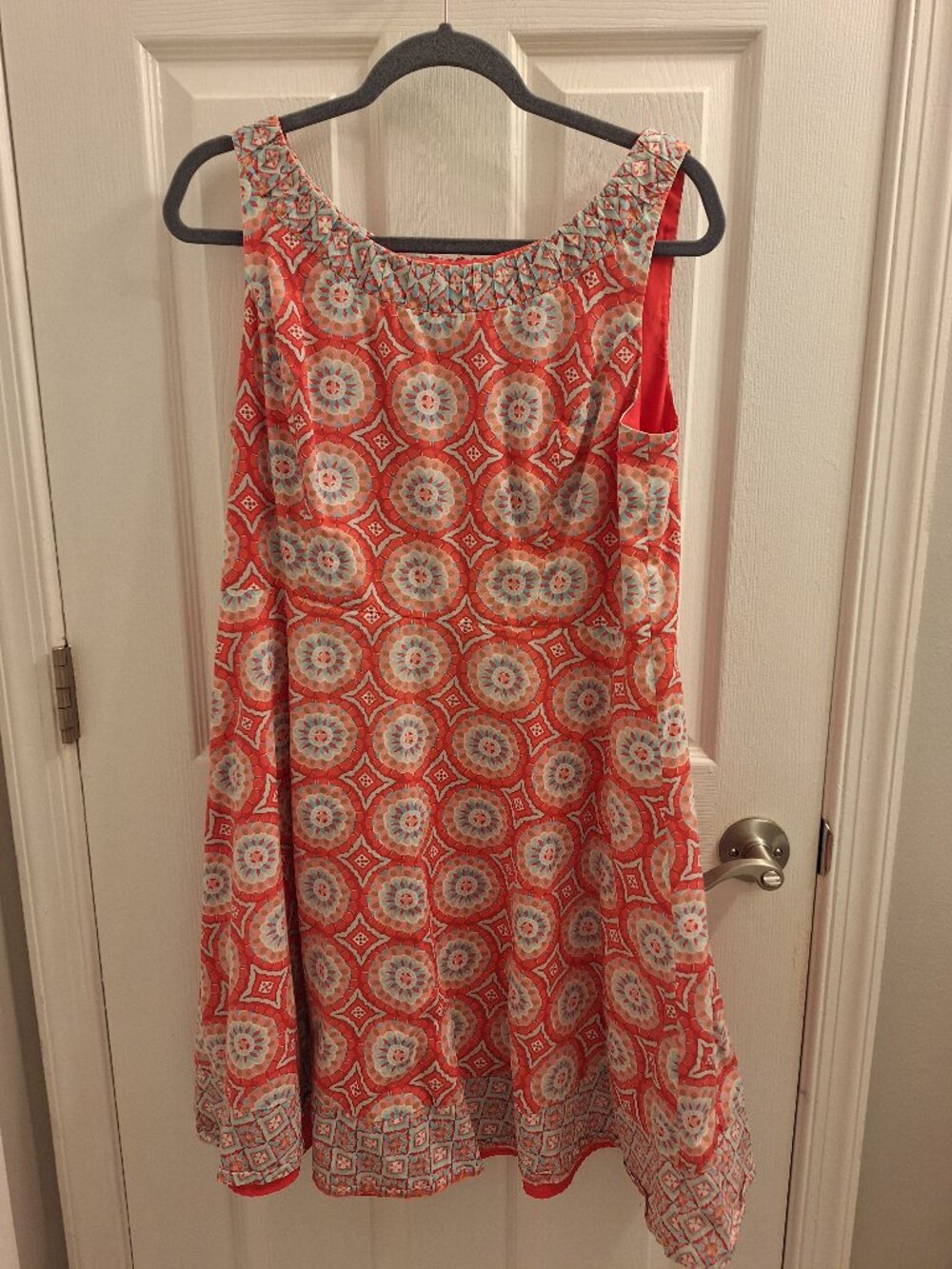 Talbots sundress, pink with medallion design (blue/teal/white), size petite 12
